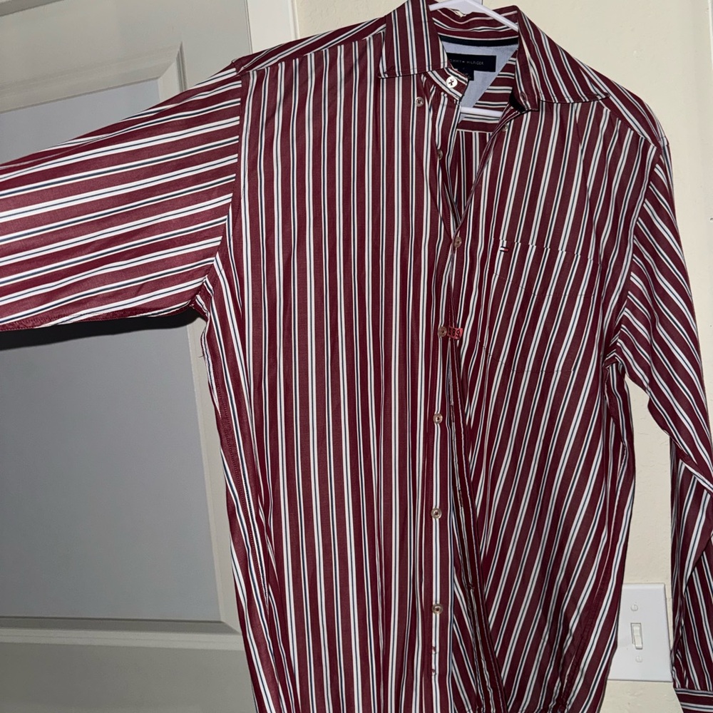 Vintage Tommy Hilfiger Maroon and White Striped Button up